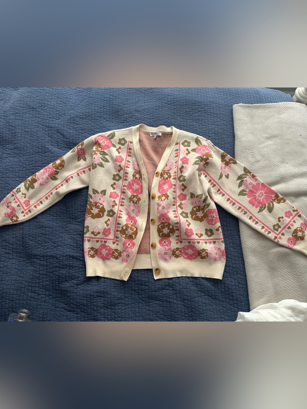 Polagram Floral Cream-Trim Pink Knit Cardigan